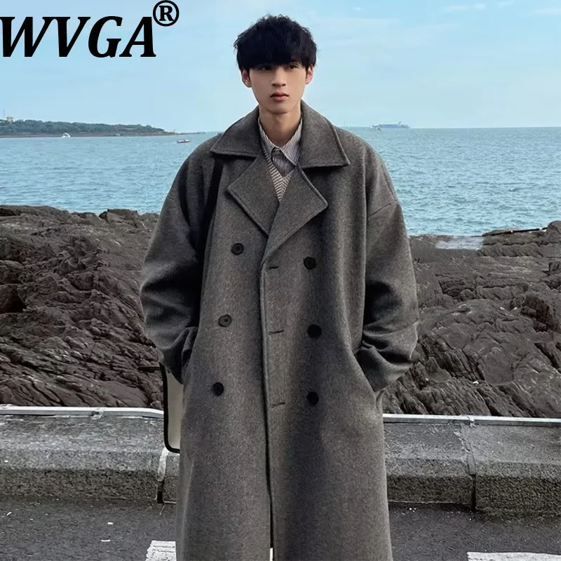 

WVGA Autumn Winter New Men Mid-Length Turn-Down Collar Wool Jackets Korean Style Niche Chic Casual Trench Coats OverSized W15572