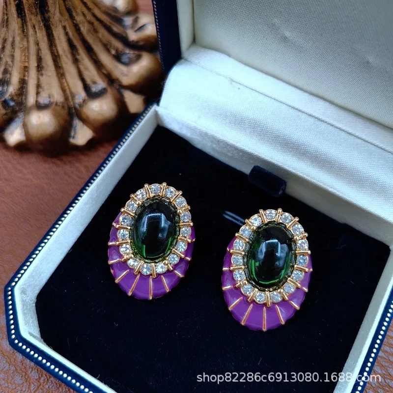 needle retro purple enamel inlaid with glass earrings French elegant temperament earrings wholesale in the middle ages.