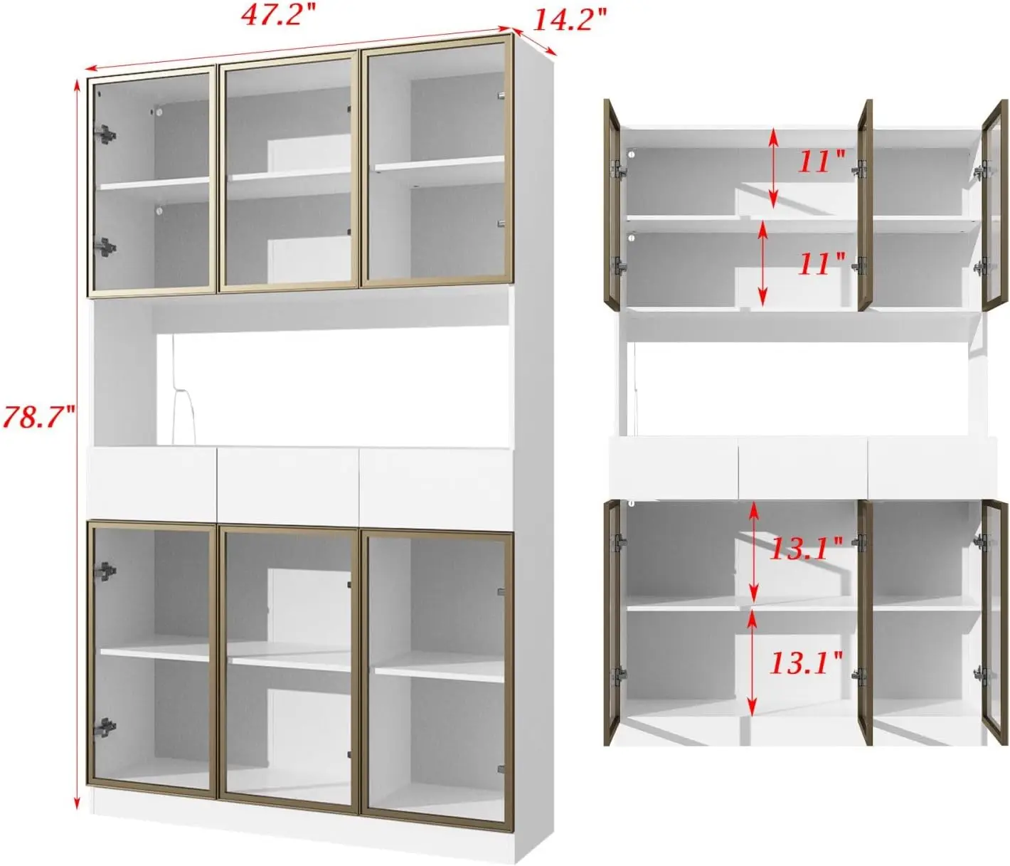 Cabinet with 6 Glass Doors and Lights, Display Case Cabinet with Hutch and 3 Drawers, Pop-up Design, Display Case Cabinet White