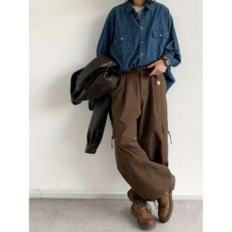 2024 Spring Casual Men Set Retro Simplicity Pocket Denim Shirt+big Pocket Street Hip-hop Cargo Pants 2-pcs Japanese Fashion Suit