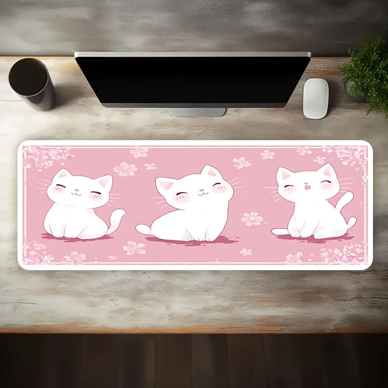 

XXL 900x400mm Three White Cats Pink Flowers Gaming Mouse Pad, Non-Slip Washable Rubber Base