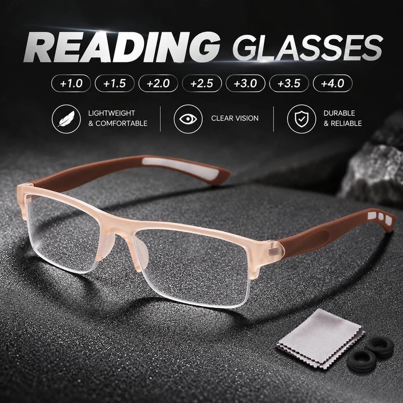 1 Pair Minimalist Reading Glasses +1.0 to +4.0 for Home and Study with Cleaning Cloth and Anti-Slip Ear Hooks