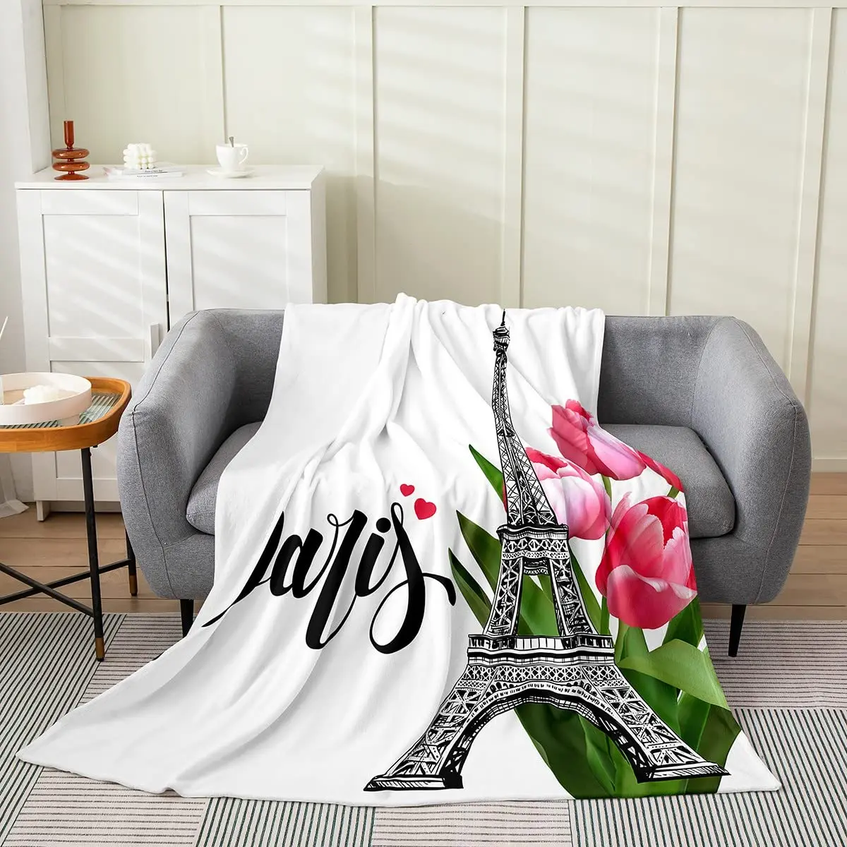 

Blanket Romantic Pattern Eiffel Tower Rose Sunflower Good Gift for Girls Women for Bed Sofa Couch Blanket Flowers Flannel Throw