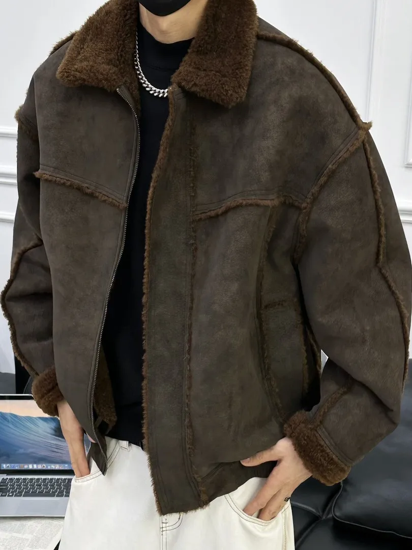 

Мужская зимняя утепленная куртка из замши в американском ретро-стиле с меховой подкладкой, повседневная, на молнии, Cleanfit