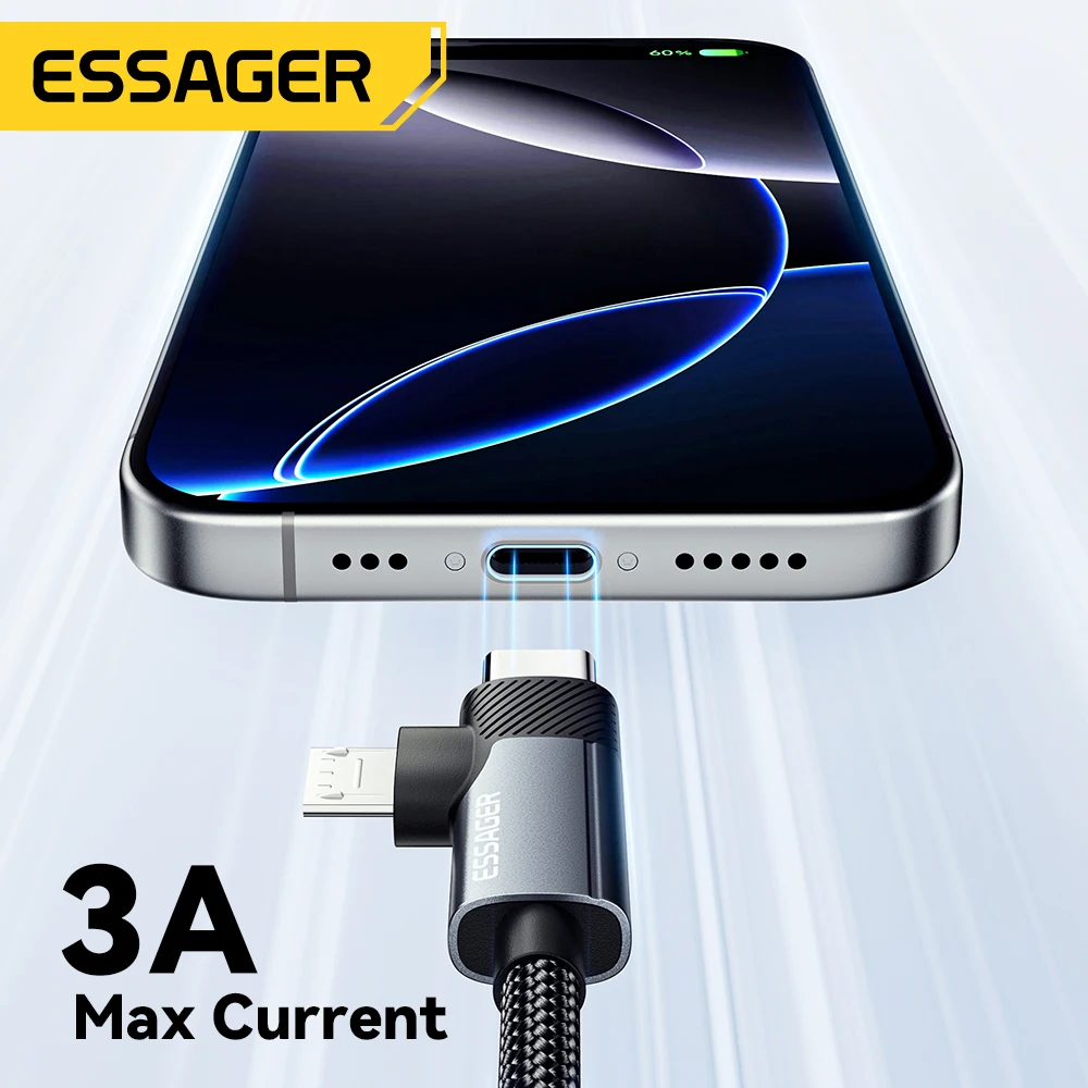 Essager Type C  To Type C Cable 65W 90 Degree Elbow Quick Fast Charging for iPhone 16 Xiaomi USB C To Micro Game Charging Cable