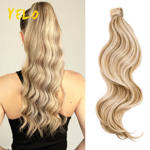 Yelo-extensión de cabello humano con cola de caballo, extensión de cabello humano ondulado, envoltura alrededor de cola de caballo, cabello Remy rubio ondulado, cola de caballo rizada negra Natural