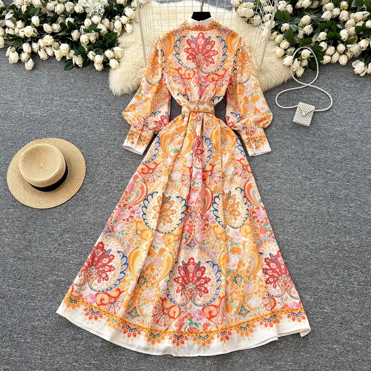 Verão outono férias muçulmanos floral maxi chiffon vestido camisa lanterna feminina manga longa cinto vintage impressão vestidos longo robe