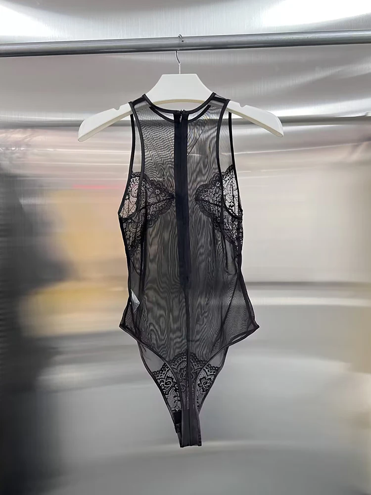 TWOTWINSTYLE Solid Sexy Slimming Jumpsuit Round Neck Sleeveless High Waist Patchwork Lace Perspective Jumpsuit Female Fashion