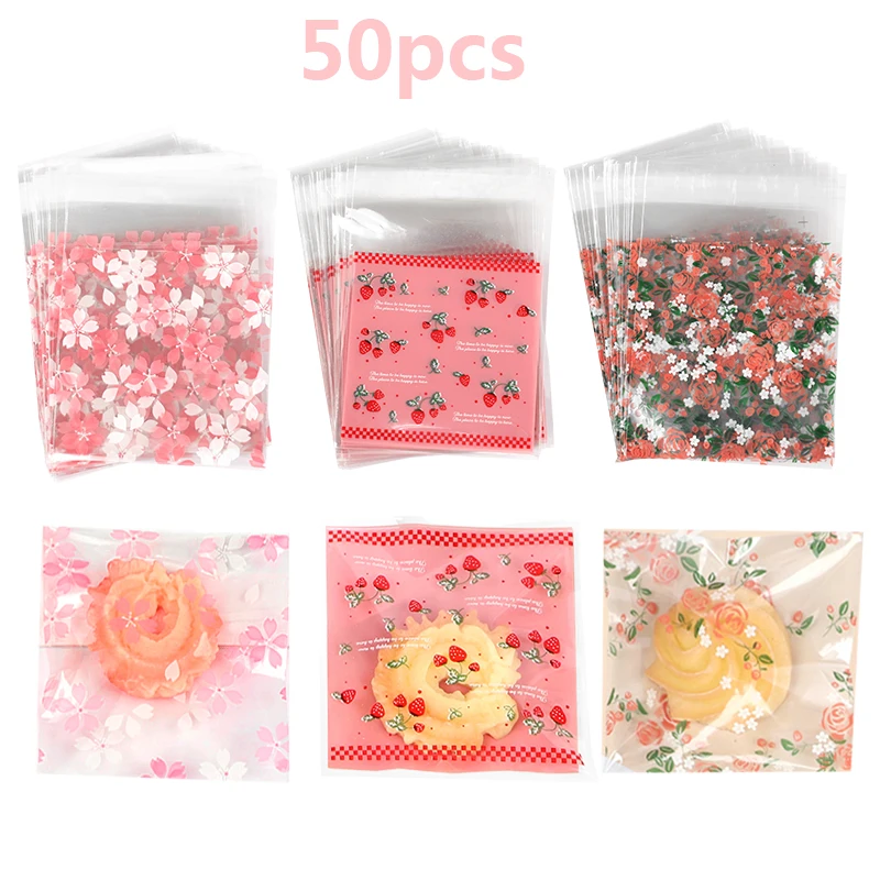 50pcs Plastic Packing Bags Cherry Flower Self-Adhesive Bag For Biscuits Candy Cookies Gift Packaging Wedding Birthday DIY Decor