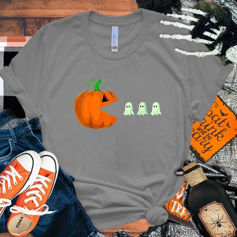 Halloween Pumpkin Boo Letter Print Short Sleeve T Shirts Women'S Crew Neck T-Shirts Summer Comfy Soft Tees Tops Size Xxs-4Xl