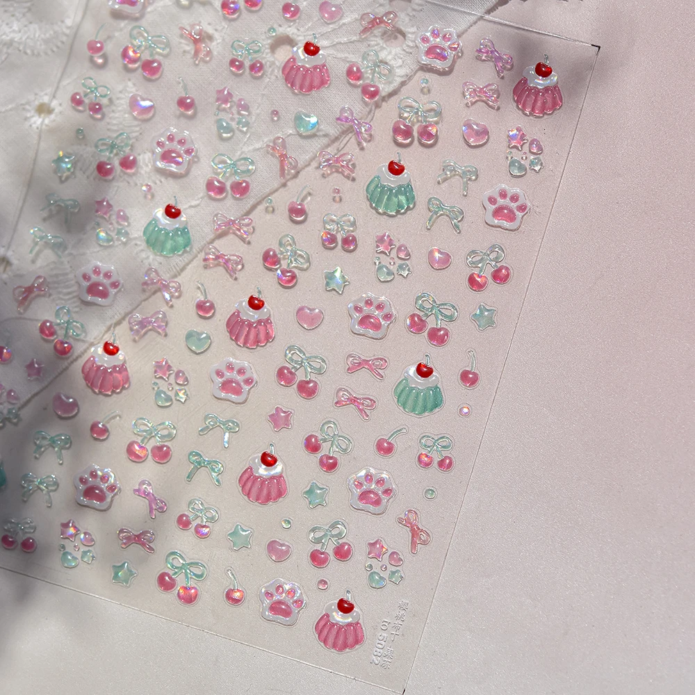 5d cereja geléia arte do prego adesivos kawaii cão pata impressão transparente arco prego slicker decalques manicure diy adesivo slider decoração
