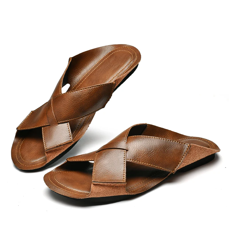 Originality Design Leather Slippers Cowhide Open-toe Sandal Man Flat Slides Beach Summer Shoes High Quality Big Size 38-47 Male