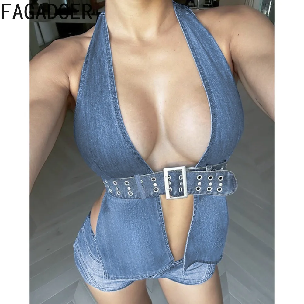 

FAGADOER Sexy Denim Crop Top Deep V Neck Backless Halter Lace-up Y2k Tops Non-stretchy Retro 90s Aesthetic Streetwear Tanks