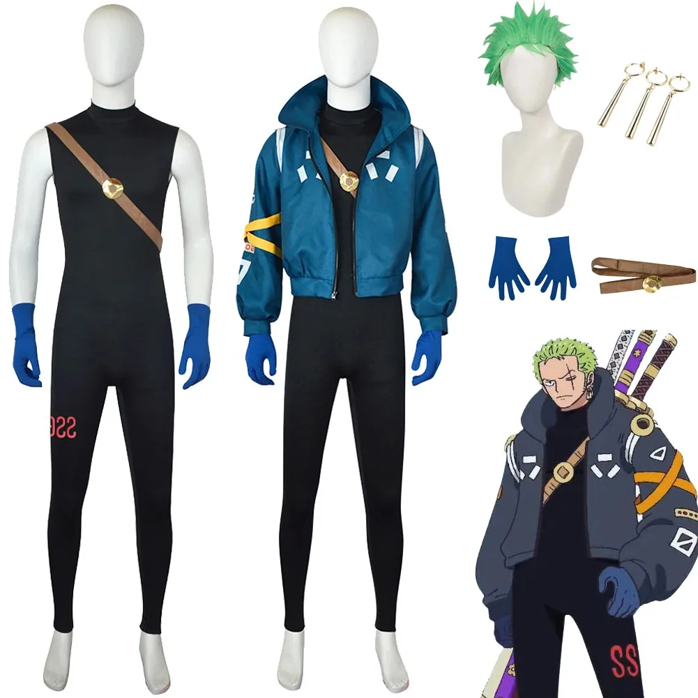 Roronoa Zoro Egghead Island Cosplay Anime Jacket Jumpsuit Costume Wig Ear Clip Boys Men Adult Halloween Carnival Disguise Suit