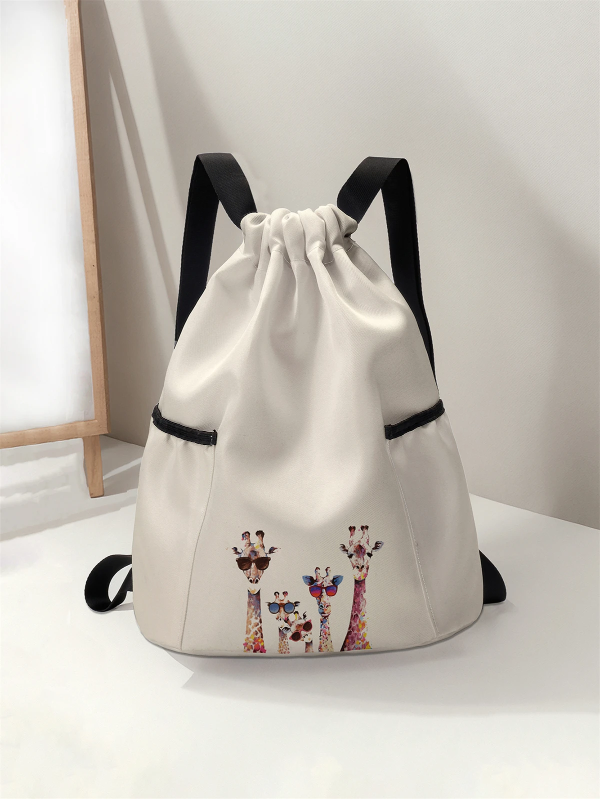 

Giraffe Pattern Printed Drawstring Backpack - Large Capacity Durable Fitness Bag, Sports Beach Backpack