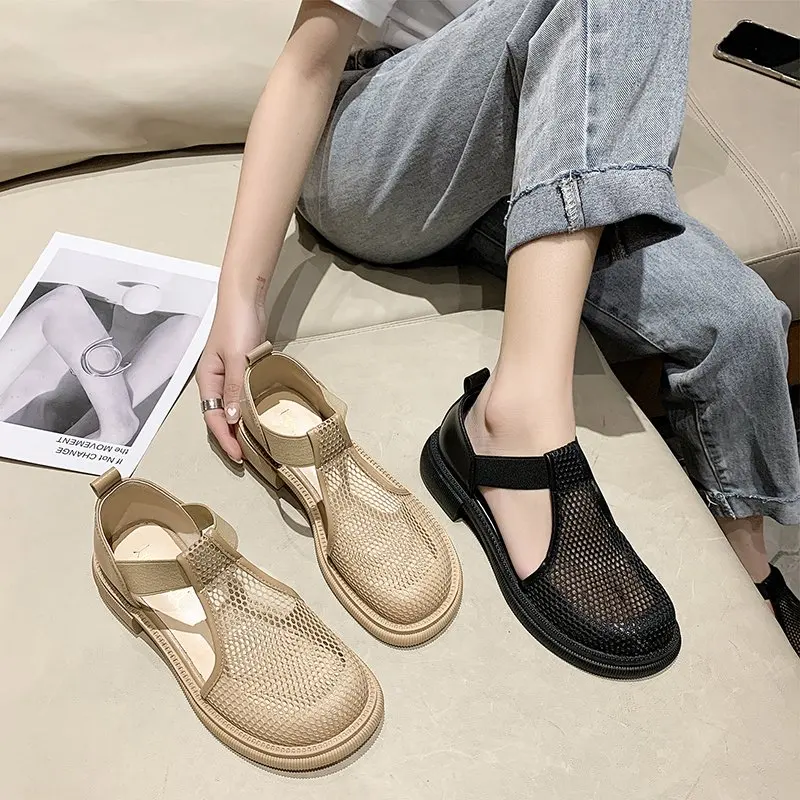 Comfort Shoes for Women All-Match Sandals Elastic Band 2022 Summer Breathable Block Heels Med Suit Female Beige Slip-on New Spri