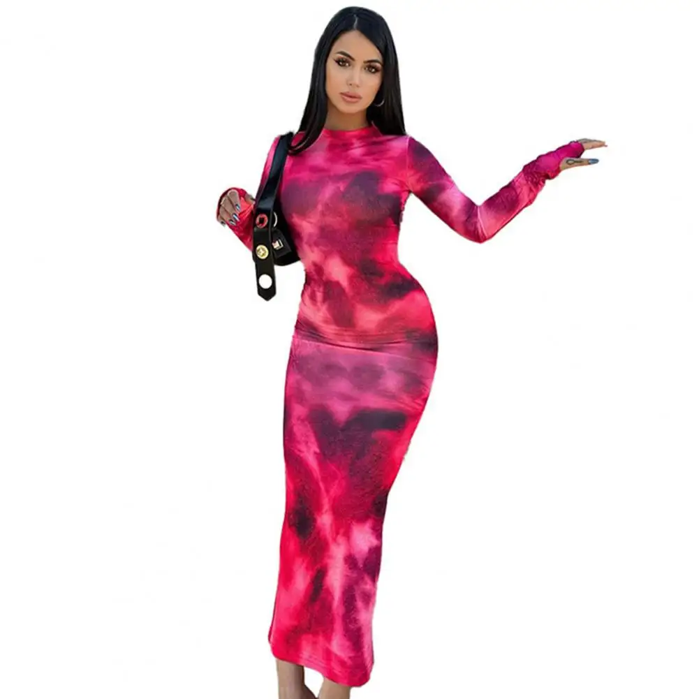 O Neck Tie-dye Dress elegante Maxi abito manica lunga da donna con scollo tondo Slim Fit alla caviglia Tie-dye per la primavera per le donne