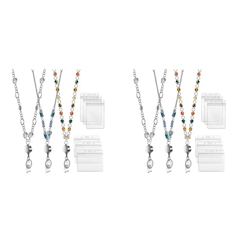 ABRI-6 Pcs Retractable Badge Reels Lanyard With Name Card ID Holder For Women Fashion Beaded Badge Lanyard Necklace