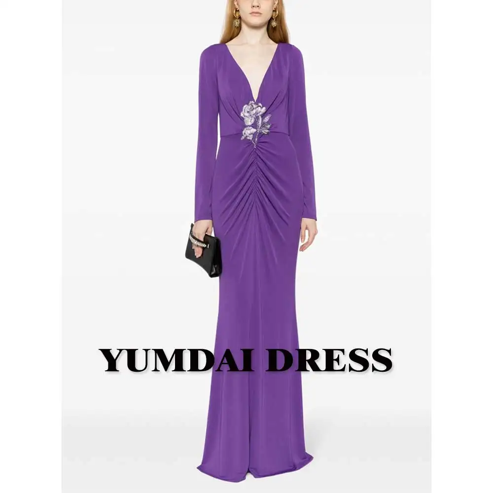 YUMDAI Elegant Purple V-neck Evening Dress Wedding Mom Dress 2023 Special Occasion Formal Long Sleeve Gown Floor-length