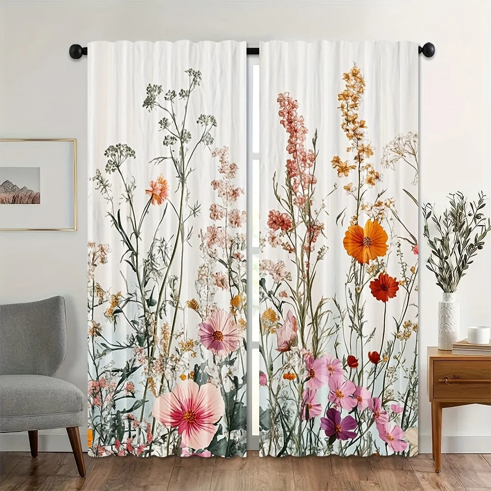 2pcs Rtic Floral Curtains with Green Leaf Design, Rod Pocket for Easy Hanging, Vibrant Wildflower Botanical Print for Bedroom