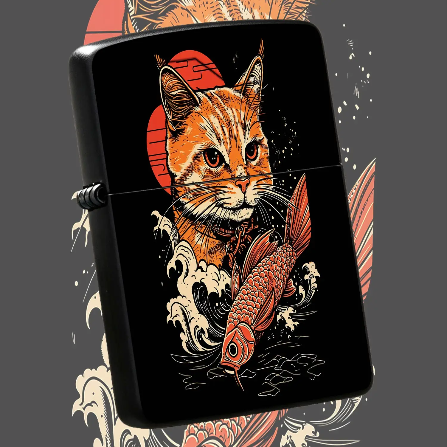 Japanese Ukiyo-E Style Orange Tabby Cat Koi Fish Lighter, Exquisite Retro Art Print Portable Lighter For Daily Carrying, Multi-Scene Use Unique Decorative Practical Item, Ideal Creative Gift For Art Lovers And Family Fr A Humorous And Inter