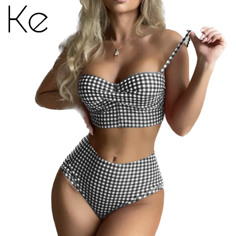 KE906 new bikini swimsuit women\'s European and American sexy plaid split high-waist bikini swimsuit pin-up