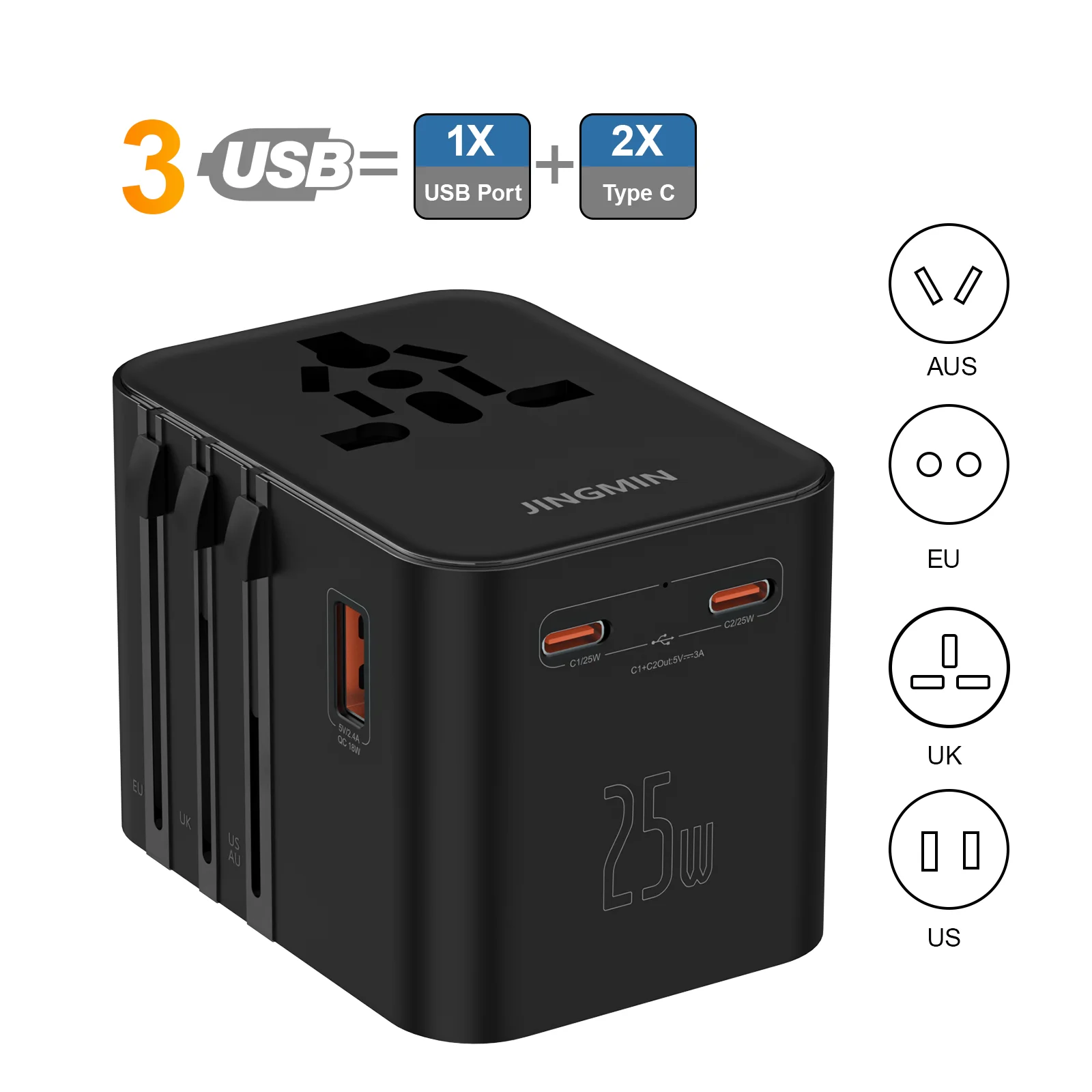 

25w Gan Fast Charging Adapter For Fr Au Us Eu And Uk Standard Multi-Country Adapter Mini Portable Globally Travel Adapter Socket