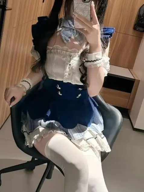 

Japanese Y2 Aesthetics 2 Piece Sets Women Gothic Cute Short Sleeve Tops + Suspender Dress Harajuku Kawaii Party Slim Cos Outfits