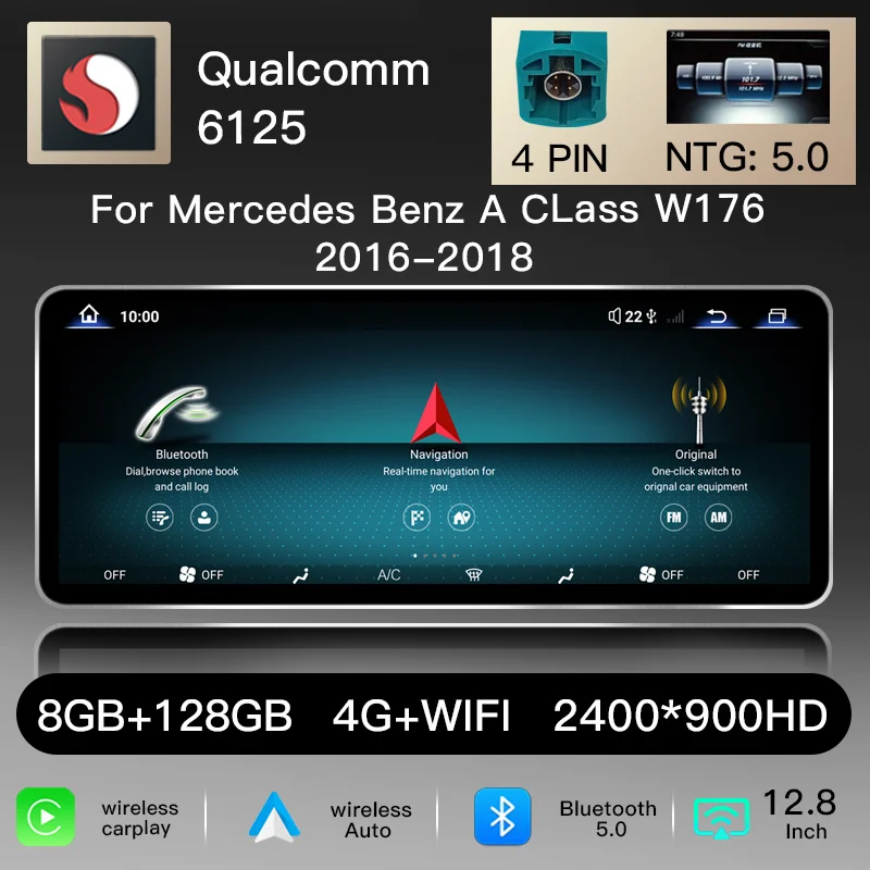 12,8" 2400*900 Snapdragon 6125 Draadloze Carplay Android 14 Autoradio voor Mercedes Benz GLA/CLA/G/A Klasse W176 X156 C117 W463 4.5/5.0 2013-2018 Multimedia Scherm GPS Navigatie WiFi 4G Head Unit
