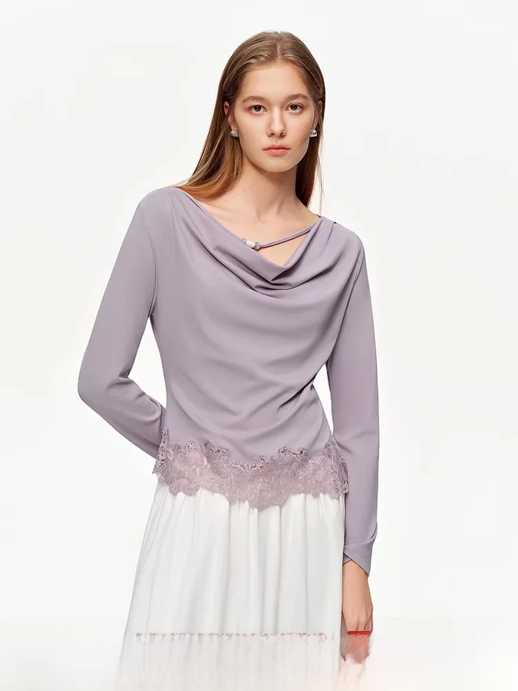 

Женская футболка Ele с кружевными вставками и длинными рукавами, новинка весенней коллекции, универсальная, свободного кроя, из смесового хлопка, удобный повседневный топ