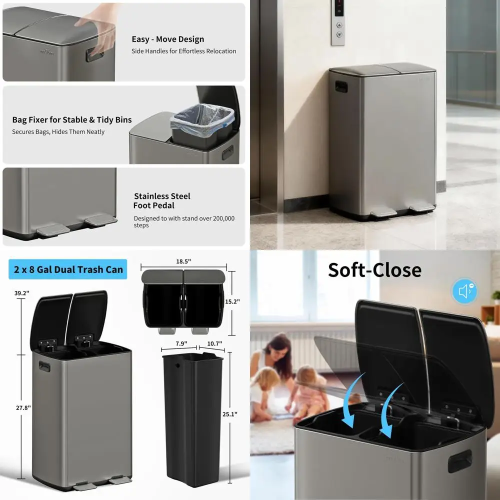 

Dual 16-Gallon Trash Can with Two 8-Gallon Compartments and Lids for Kitchen Waste and Recycling