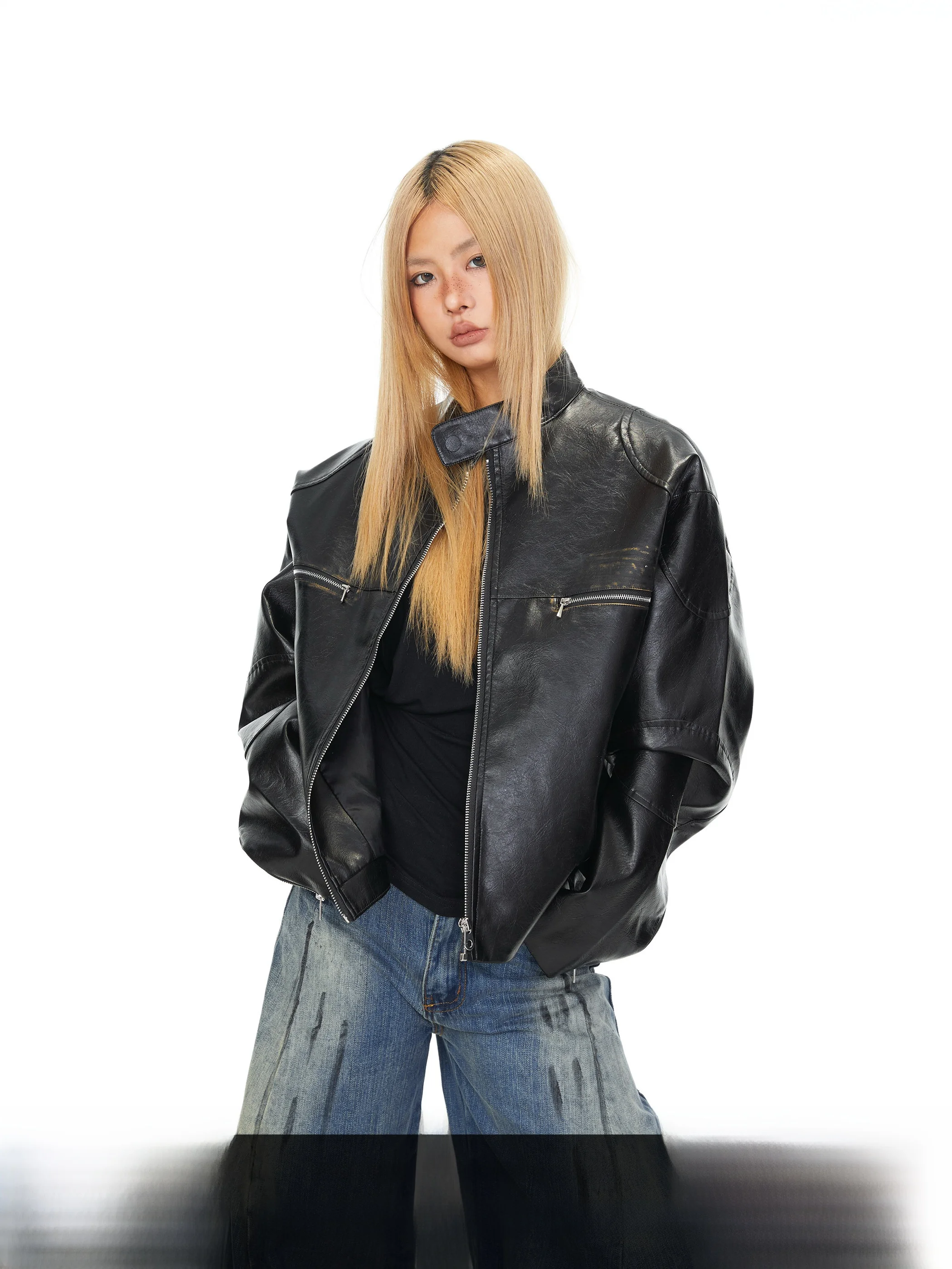 

Blabb Street Sle Motorcycle PU Leather Jaet Women's Autumn Winter New Loose Lazy ort Coat Zipper Design Faionable A...