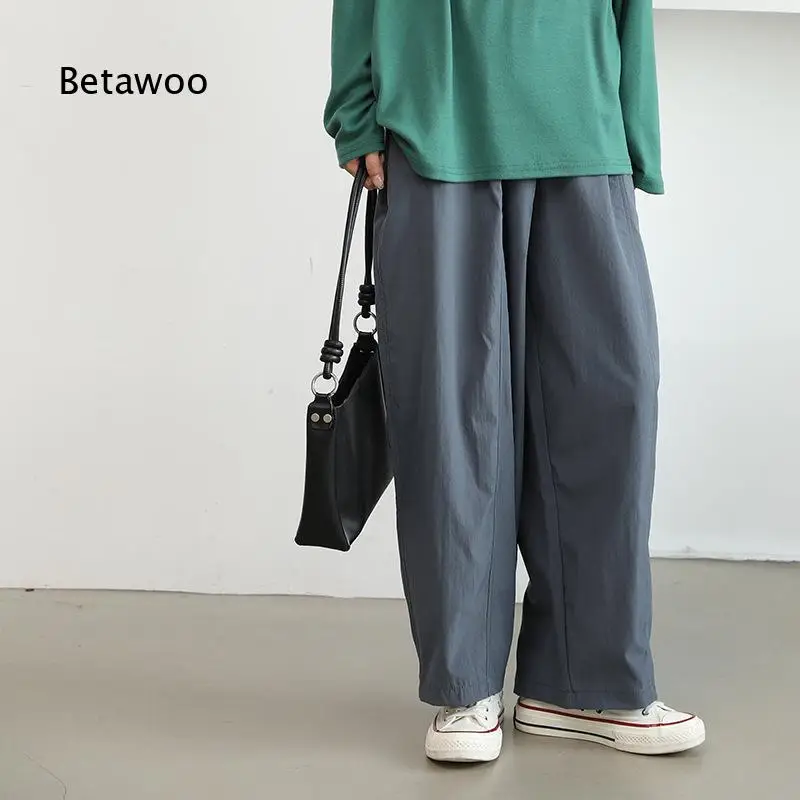 Women Elastic Waist Baggy Wide Leg Pants Pleated Front Loose Fit Casual Harem Long Trousers with Pockets