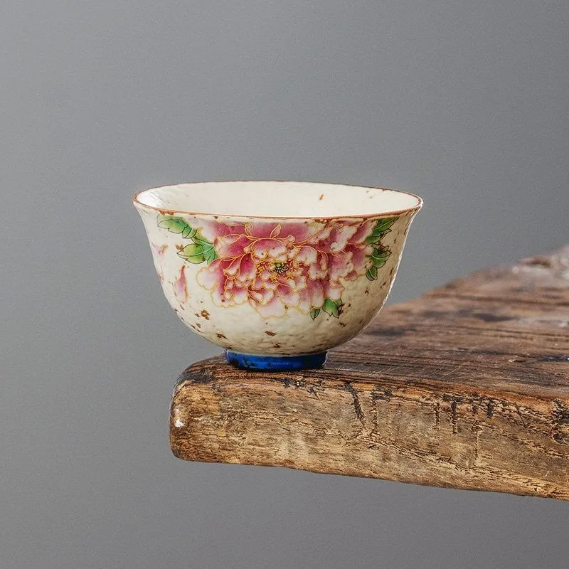 Blue Glazed Floral Porcelain Master Tea Cup, High-End Kung Fu Tea Set, Personal Ceramic Tea Cup with Gold Wire & Spark
