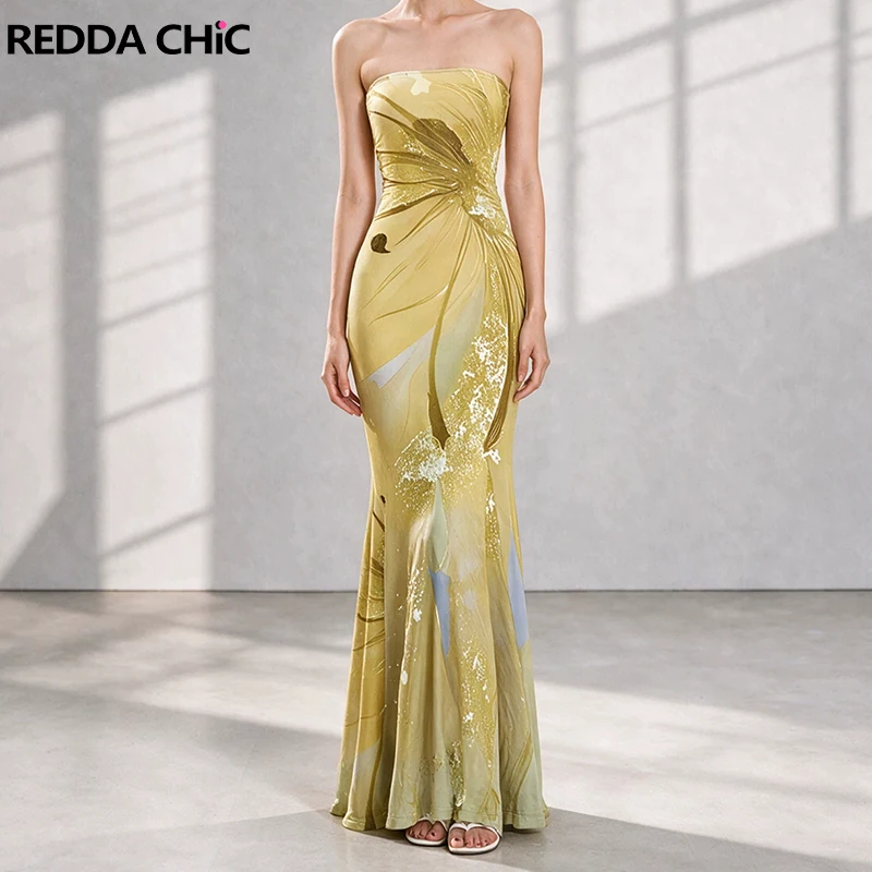 REDDACHIC Boho Vintage Tube Dress Tight Strapless Tie Dye Maxi Long Bodycon Fishtail Dress Party Vacation Sexy Summer Clothes
