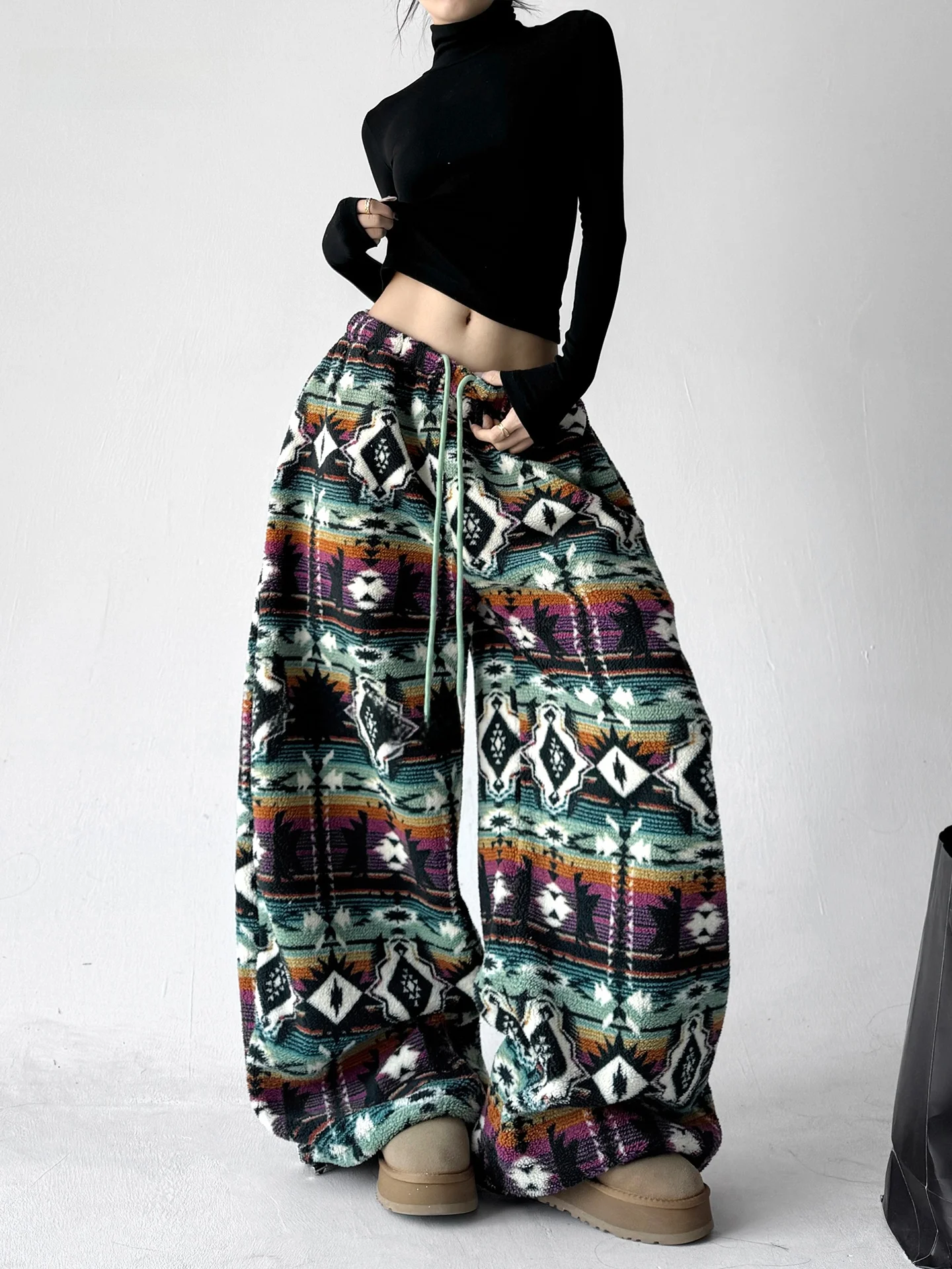 

Thiened Wide Leg Pants Women's Winter New Sle Striped Casual Trousers Ele Beautiful Ethnic Sle Straight Leg Trousers