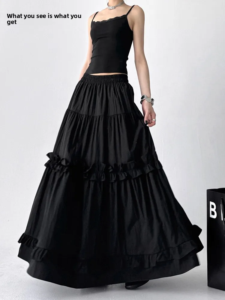 

Anti-Aging Black A-Line Midi Skirt Women's Summer New Splicing Lace Trim Long Cake Skirt High Waist Nylon Cotton Blend