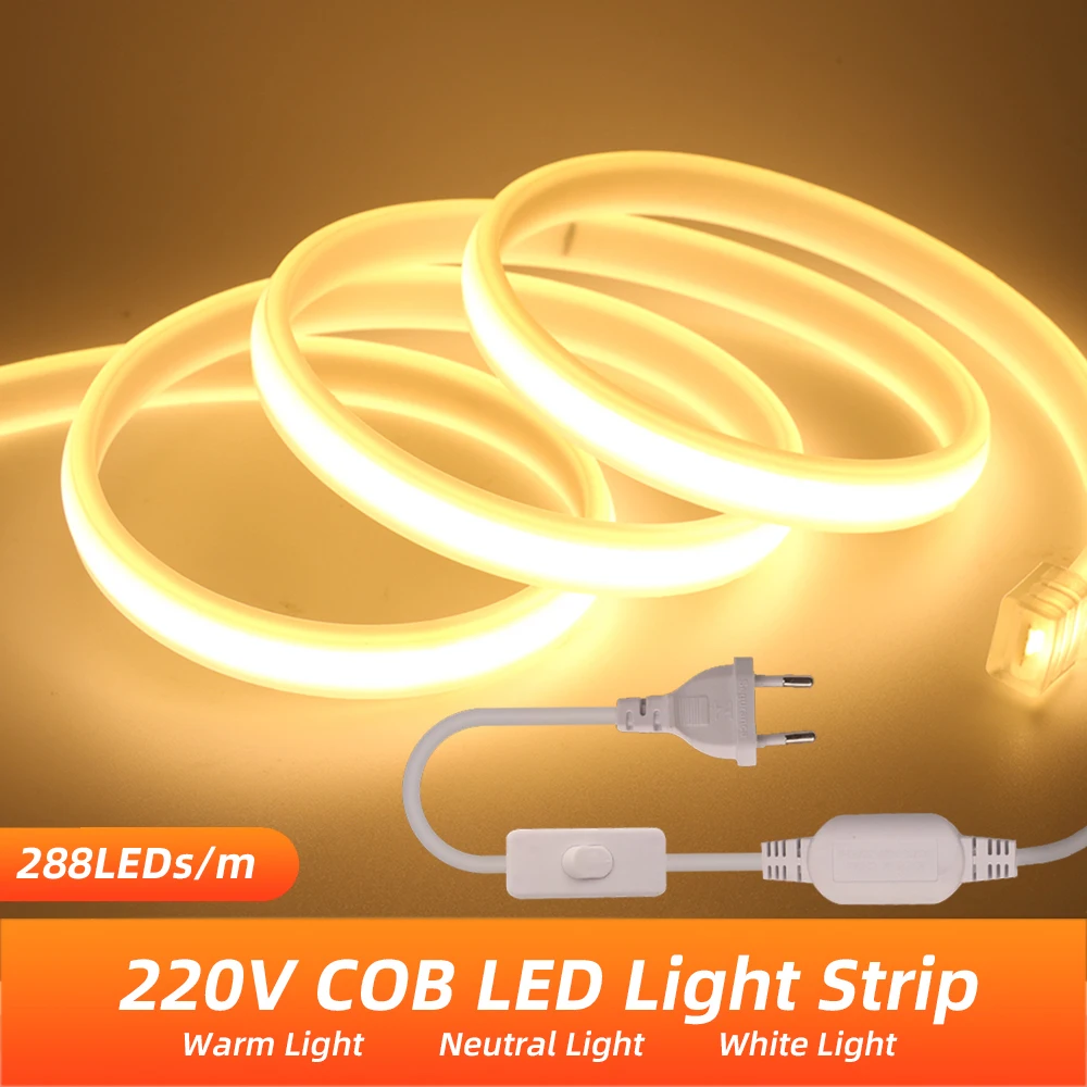 220V 288LEDs/M Waterproof COB Neon Strip With EU UK Switch Plug Home Garden Decor Silicone Tube Flexible Ribbon Rope LED Light