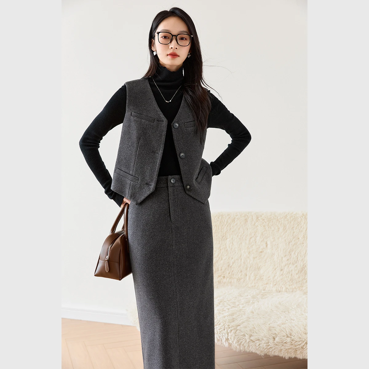 VIMLY Women's Skirt Sets Old Money Style Grey Sleeveless Waistcoat Midi Skirts 2026 Winter Casual Ladies Set 2 Pieces M9389