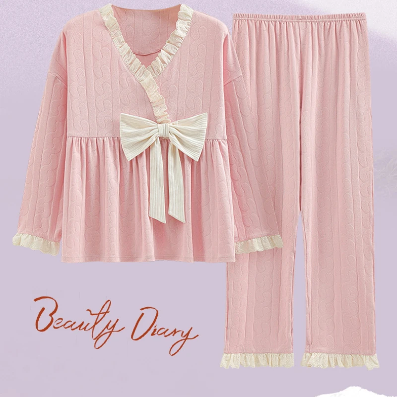 M-2XL, большие размеры, японское весеннее милое кимоно, женские топы для сна с длинными рукавами, длинные брюки, молодежные пижамы, хлопковая свободная домашняя одежда