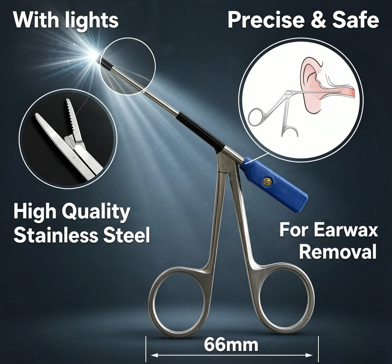 Medical Ear Wax Pick Tongs with Lights Earwax Remover Micro Alligator Crocodile Forceps Earpick Ear Nose Cleaning