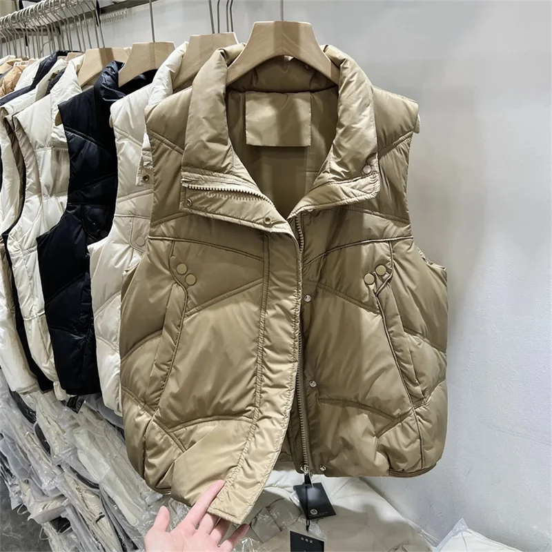 

2024 Stand Vp Collar Down Cotton Vest Women's New Autumn and Winter Solid Color Women's Fashionable Loose Vest Vest Jacket