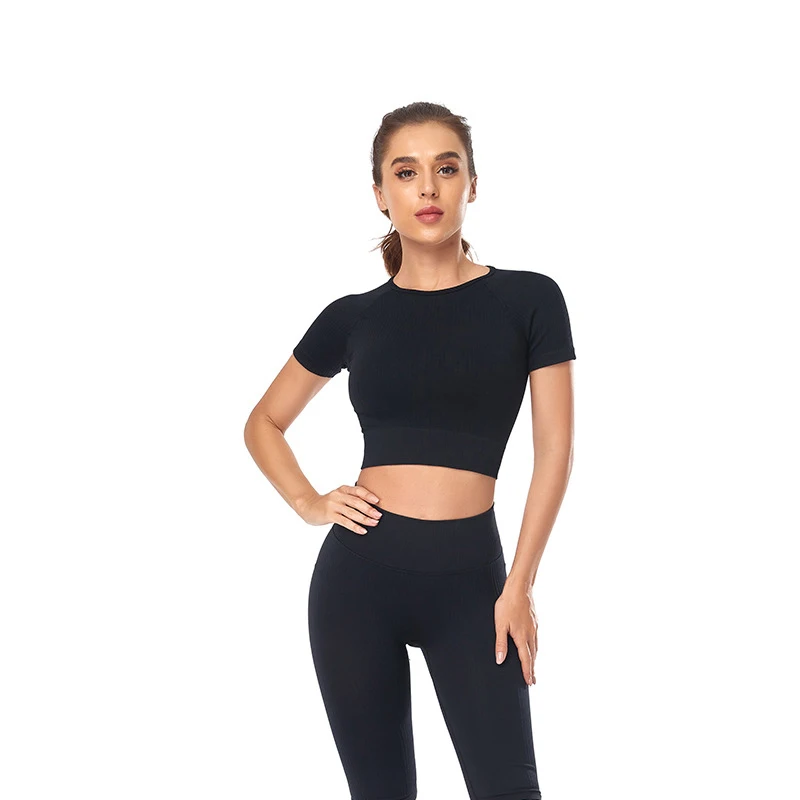 Seamless Yoga Suits Women Crop Top Short Sleeve Shirts Sport Pants Gym Leggings Sportswear Workout Active Set Fitness Clothes