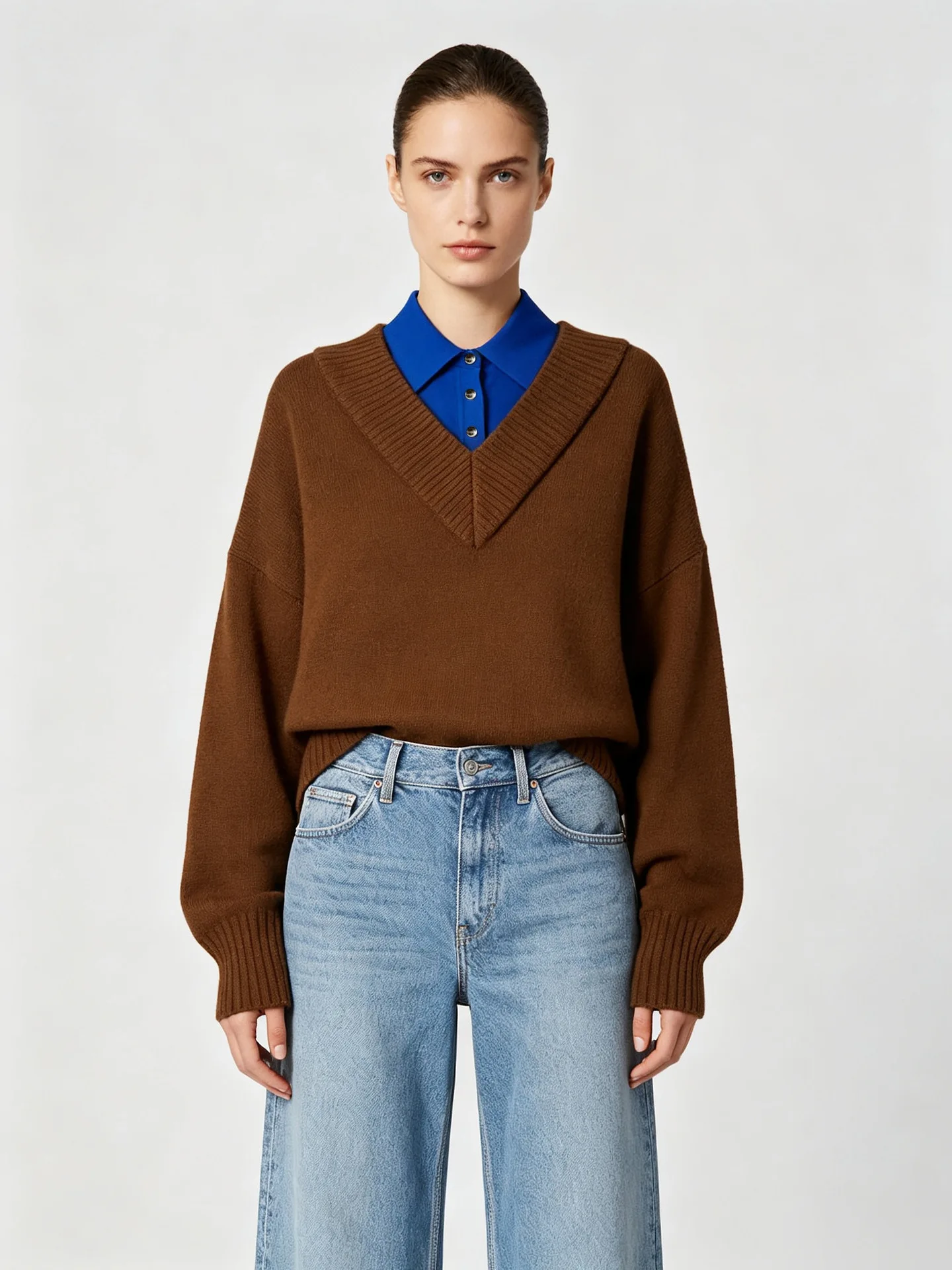 High-End Version European Style Loose Knitted Long Sleeve Color Block Collar Casual Top for Women Premium Quality Winter Wear