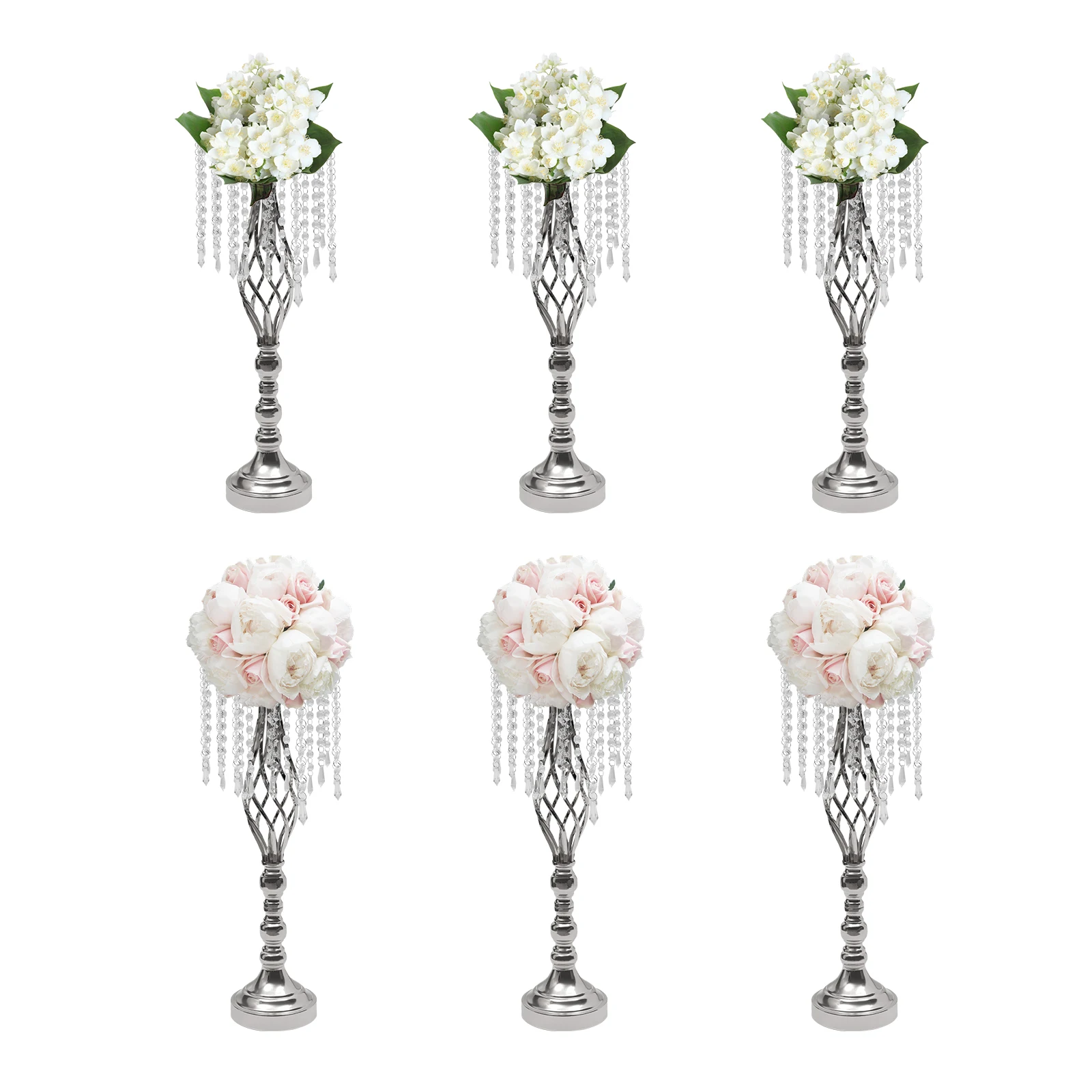 55cm Crystal Flower Stand Wedding Road Lead Flower Holders Centerpiece Floral Vases for Reception Tables 6 Pcs, Silver/Gold