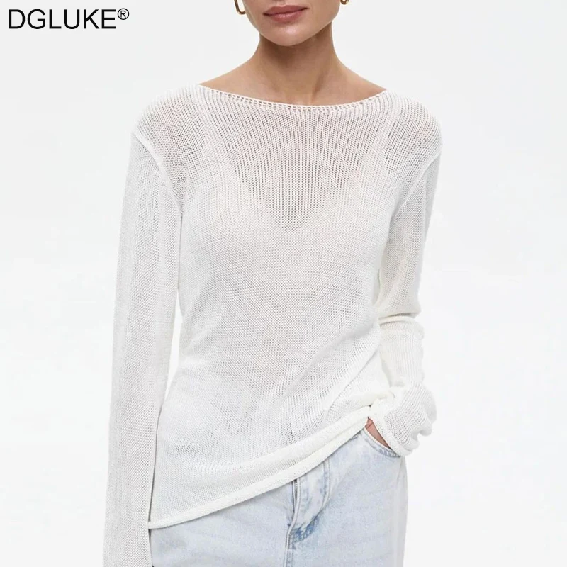 DGLUKE 2024 Autumn Sweater For Women Boat Neck See Through Mohair Sweater Sexy Long Sleeve Top Korean Knitwear