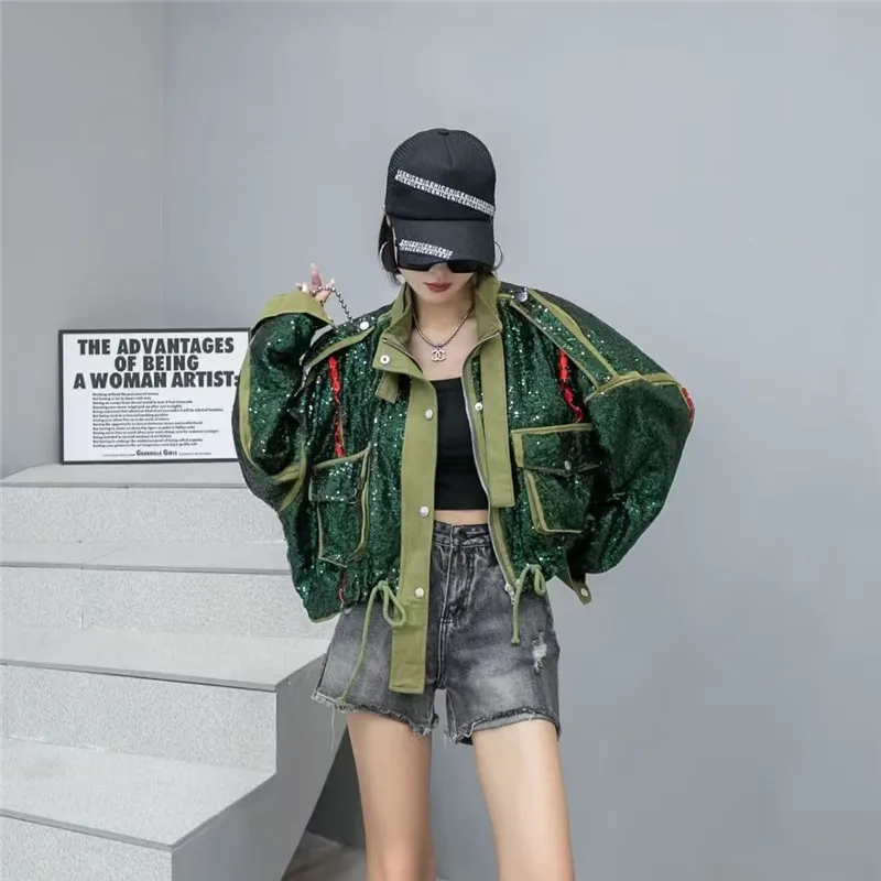 Vintage Streetwear Big Pocket Short Jacket Women Spring Autumn Army Green Sequins Embroidered Punk Fashion Workwear Coat Female