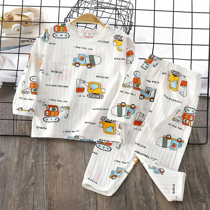 Summer Top+Pants 2-Piece Set Breathable Soft Cotton Pajamas Children Boys Girls Baby Cartoon Long Sleeve Home Sleepwear Set 1-6Y