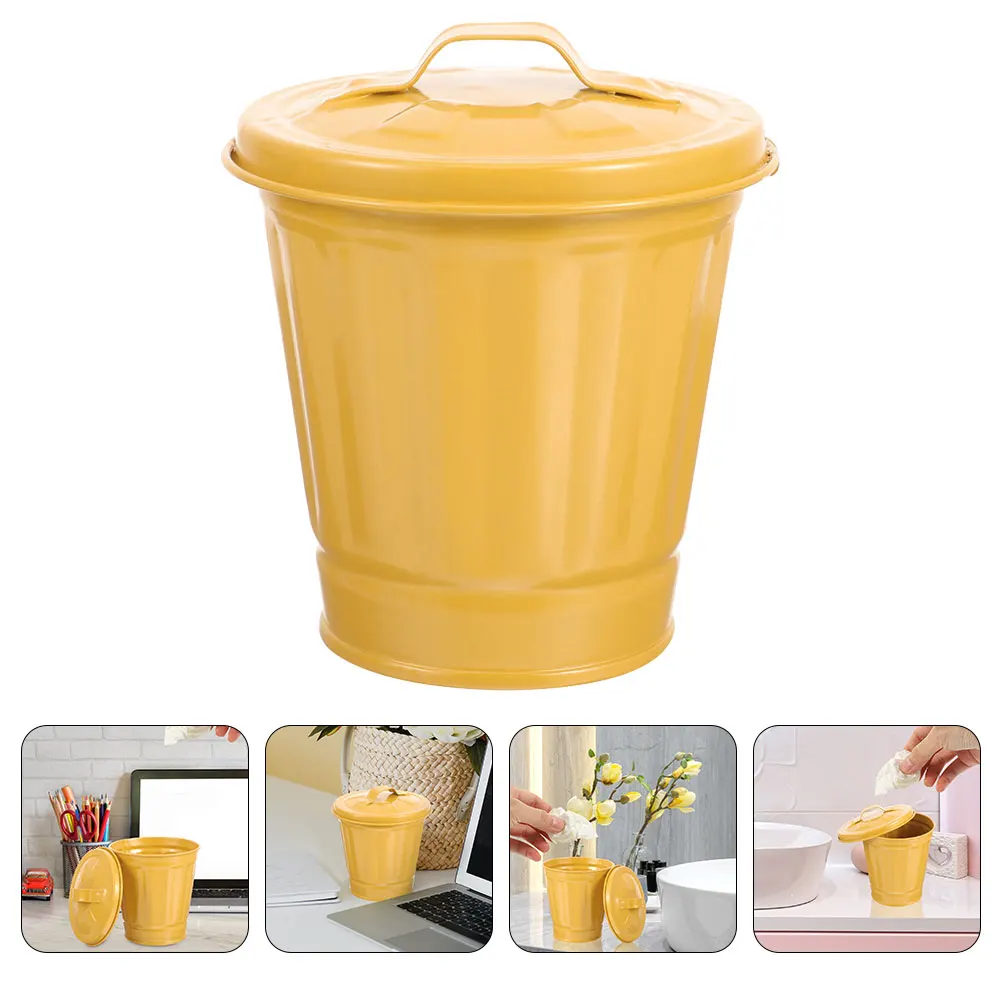 

Creative Vintage Metal Garbage Can Lid Small Office Desk Trash Bin for Home Bathroom Kitchen Countertop Mini Waste Basket