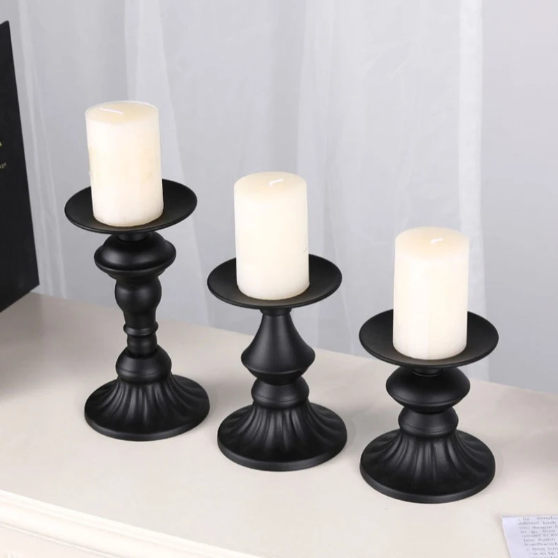 Black Metal Candle Holders Set Vintage Matte Iron Pillar Candlesticks, Retro Candle Stand Home Decor Wedding Table Centerpieces